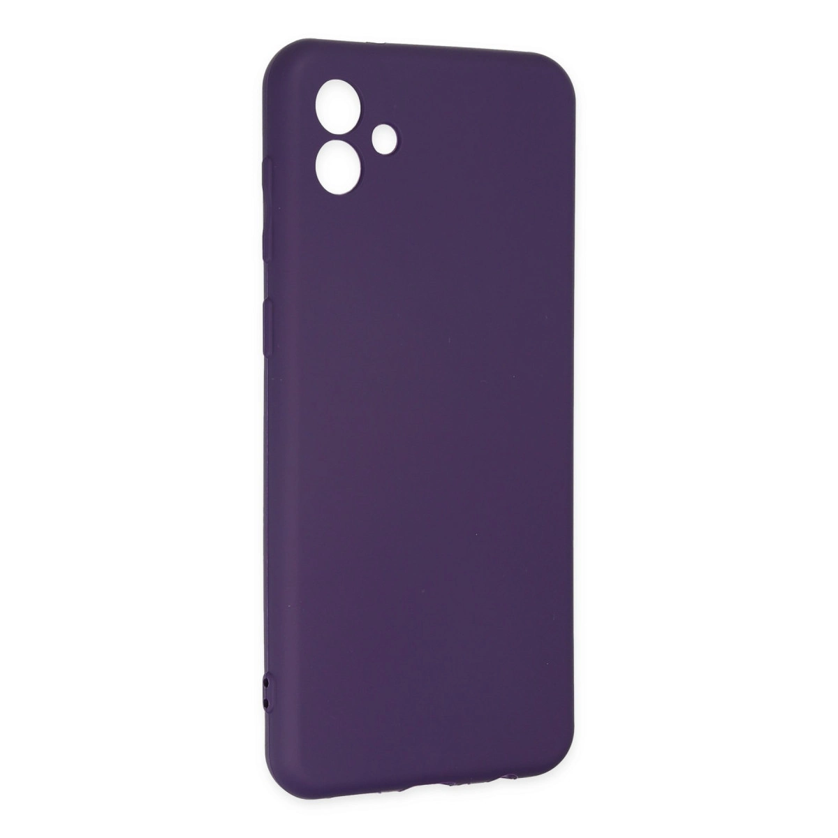 Kamera ve düğmeler için kesiklere sahip koyu mor telefon kılıfı.