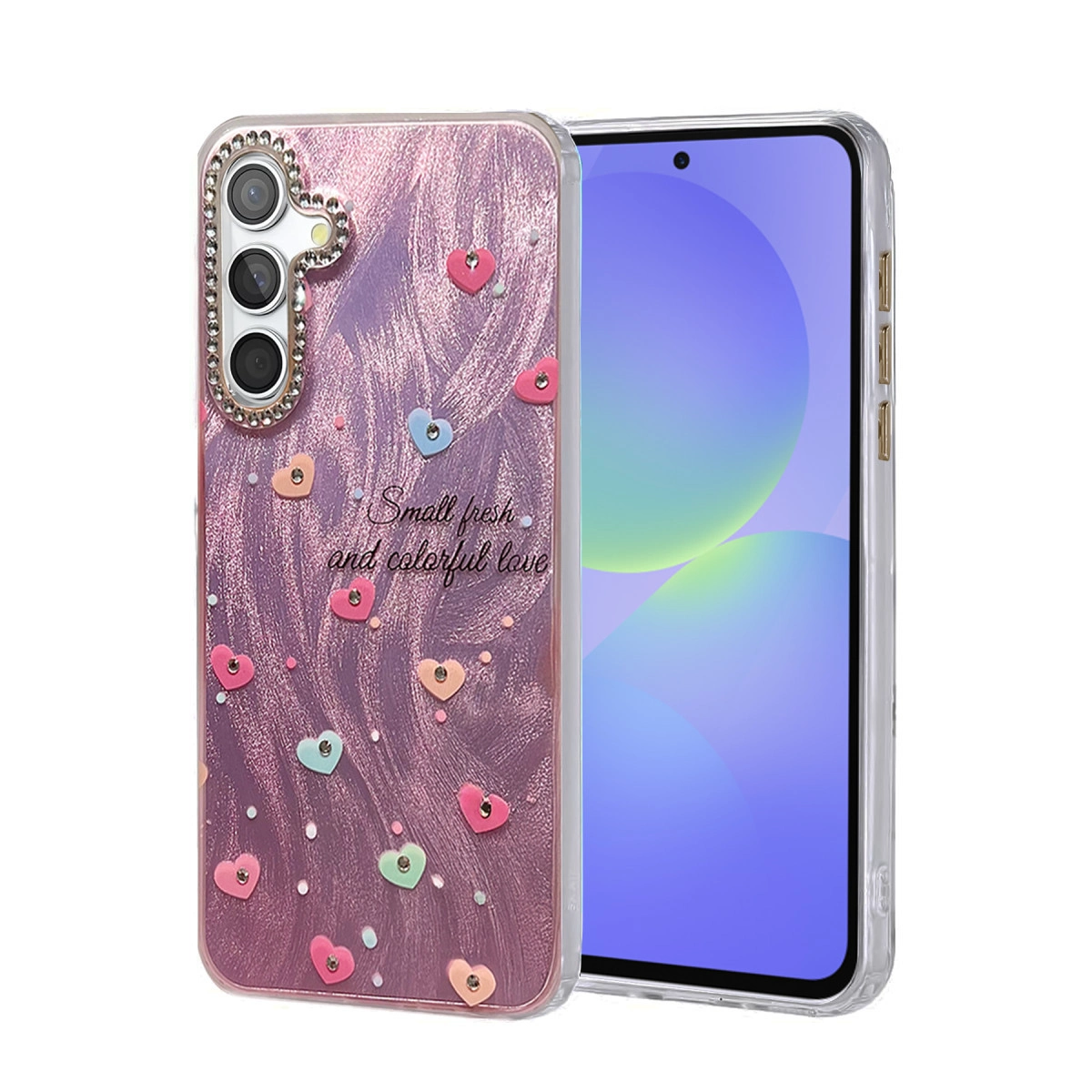 Kalpler ve simlerle süslü mor telefon kılıfı, küçük renkli kalplerle bezeli.