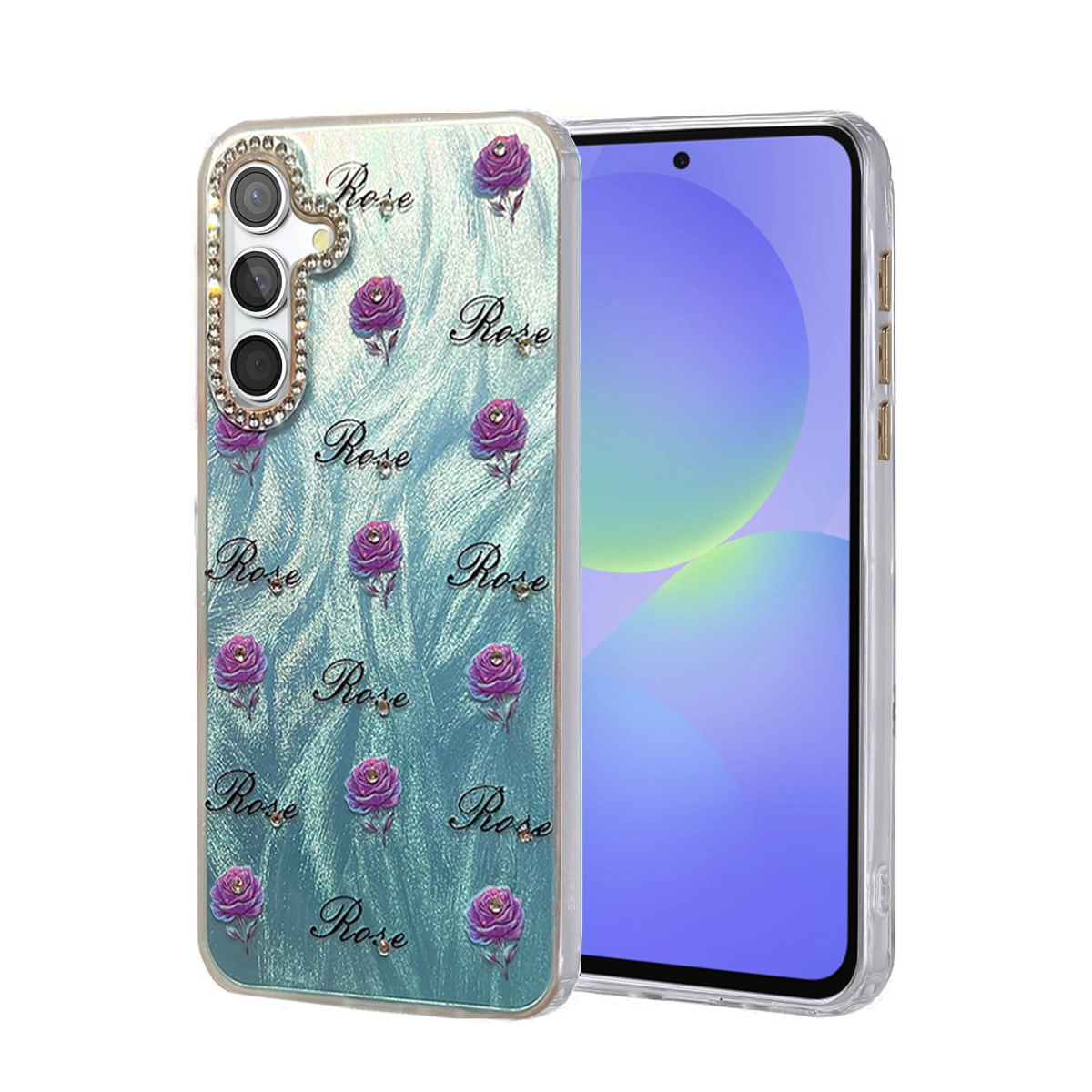 Bir akıllı telefonun yanında, gül desenli ve taşlı bir telefon kılıfı.