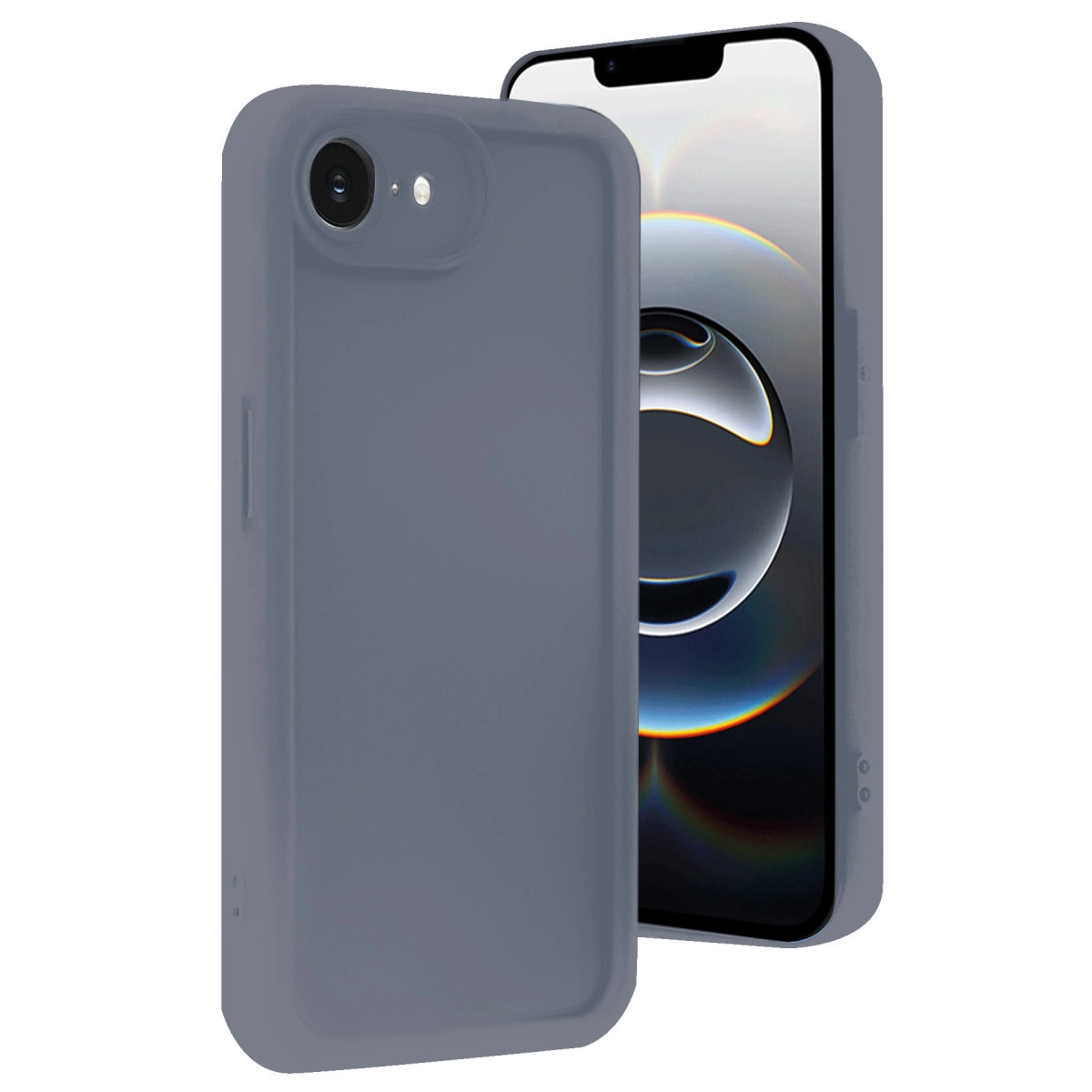 Koyu arka planlı bir iPhone'un önünde gri bir iPhone kılıfı.