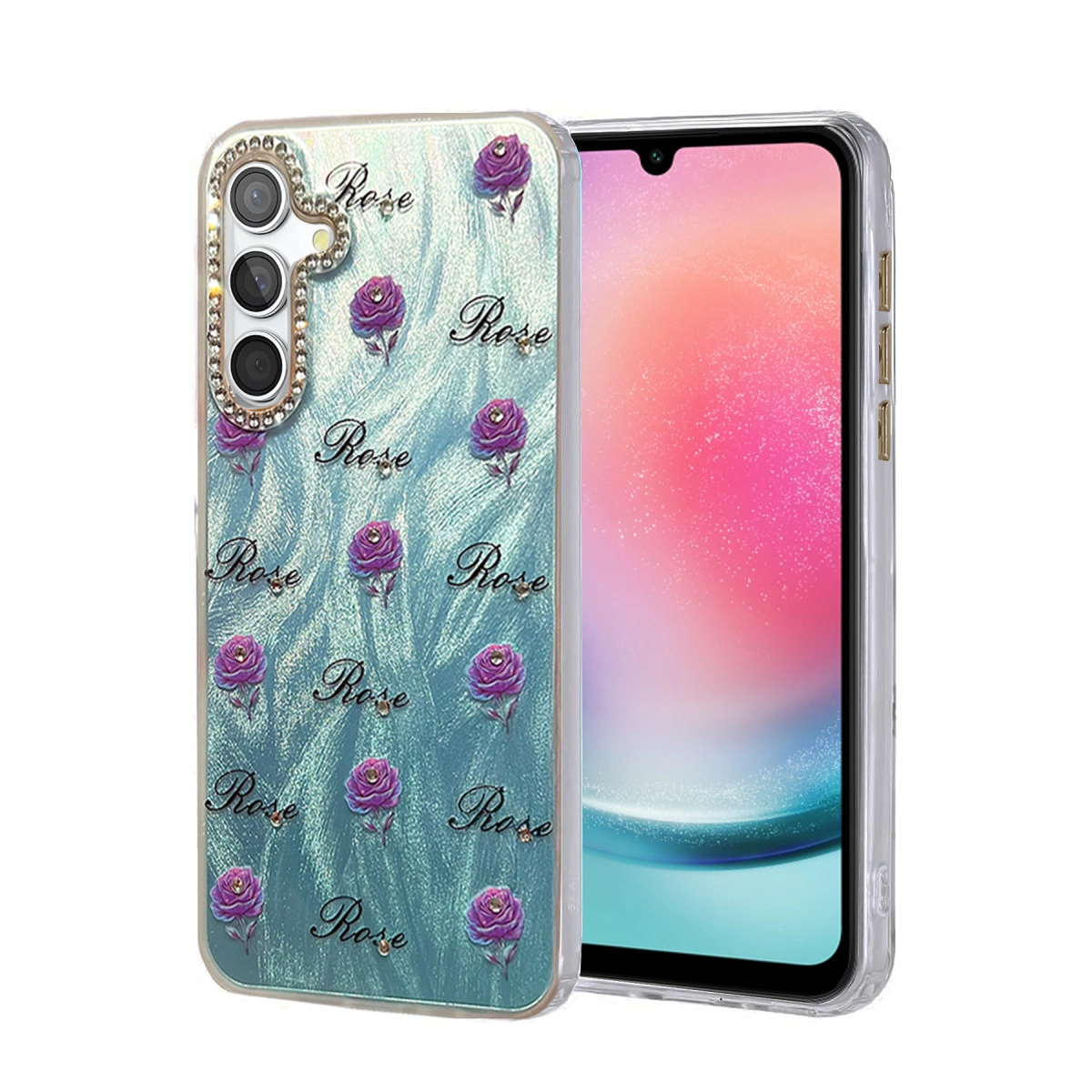 Kamara çevresinde taşlarla süslenmiş gül desenli turkuaz telefon kılıfı.