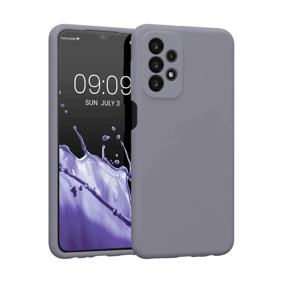 Kamera bloklu gri telefon kılıfı ve akıllı telefon ekranı.