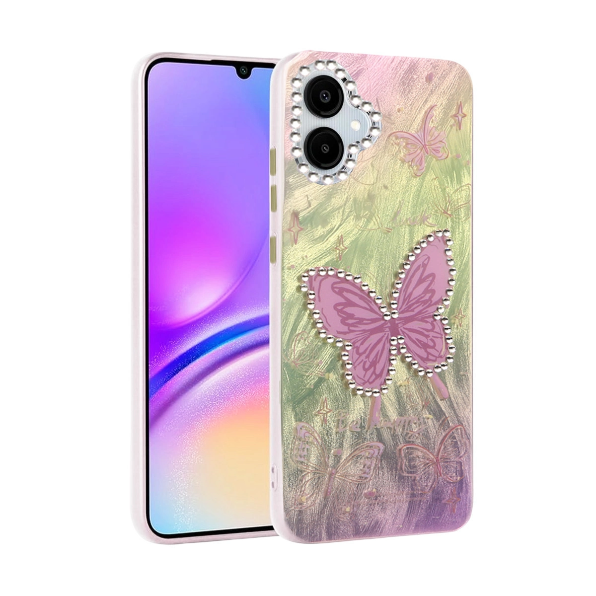 Gradyanlı telefon kılıfında simli pembe bir kelebek.