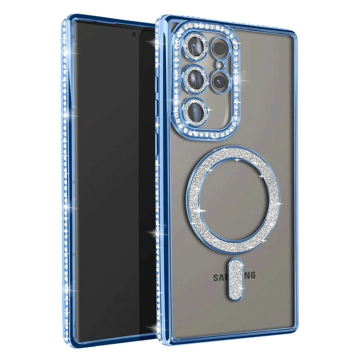 Mavi telefon kılıfı, taşlı, kamera korumalı ve halkalı tutuculu.