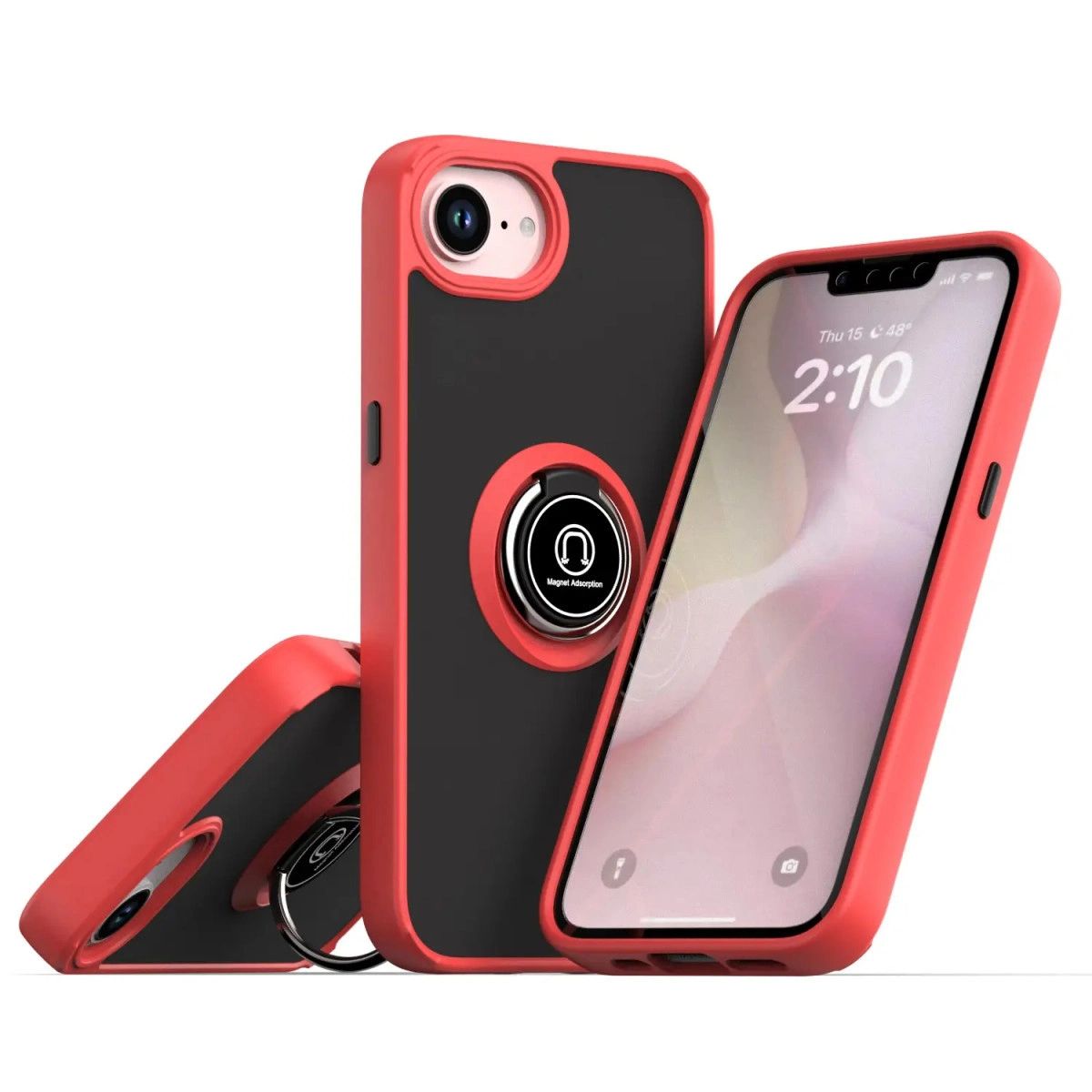 Siyah ek parçalı ve halka tutuculu iki kırmızı telefon kılıfı.