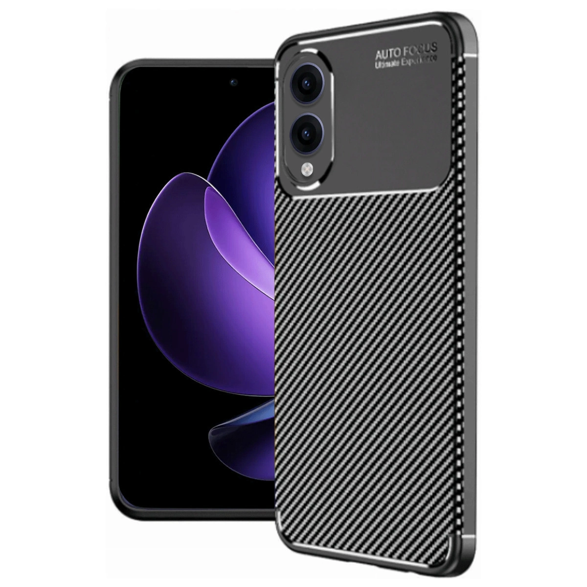 Karbon fiber tarzı kılıflı siyah telefon ve mor arka plan.