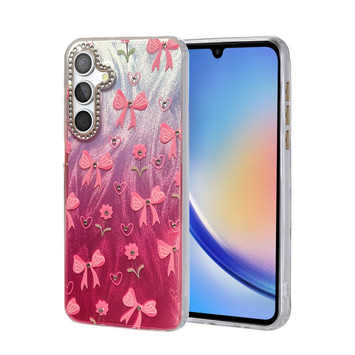 Beyaz arka plan üzerinde pembe fiyonklar ve çiçek desenli ışıltılı telefon kılıfı.