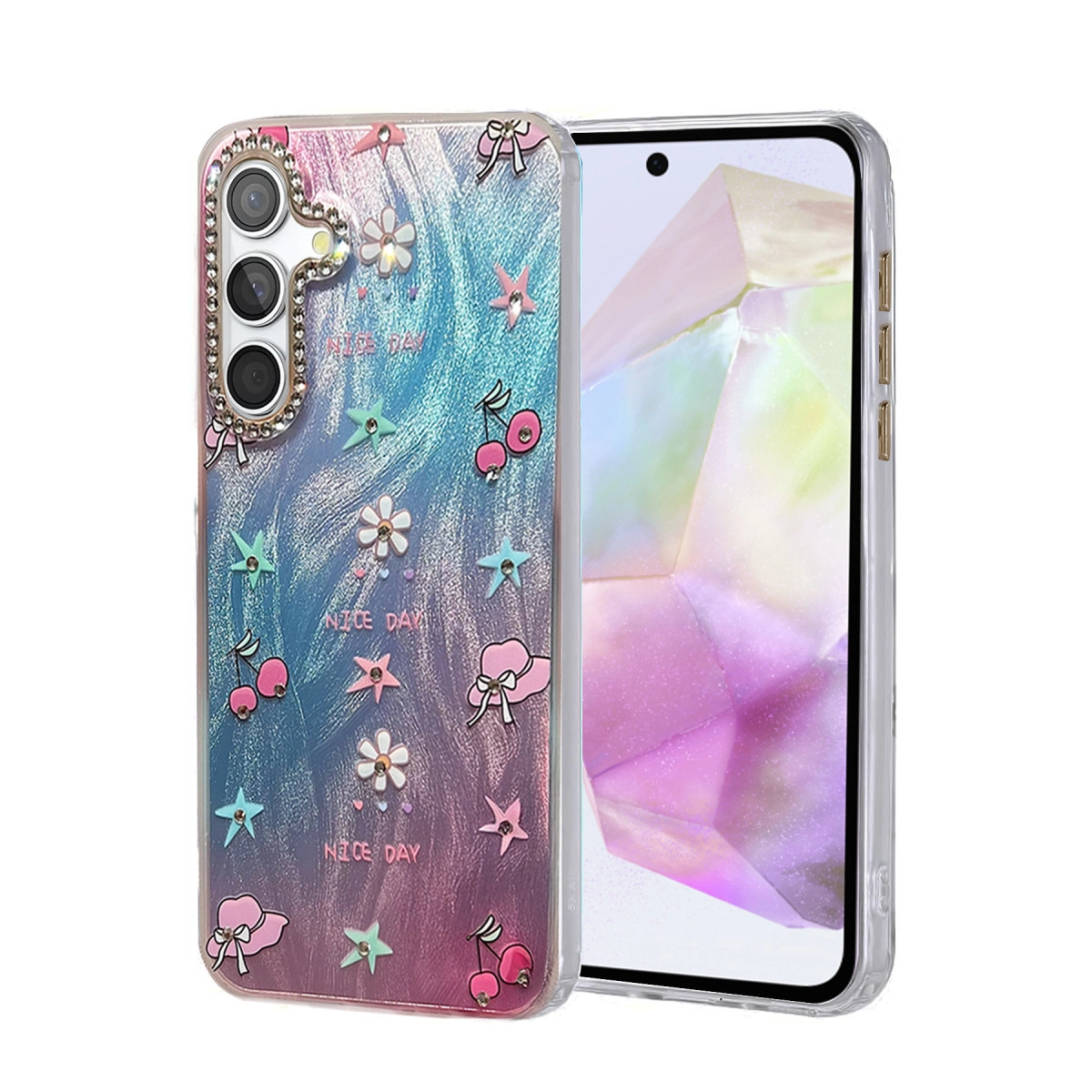 Sim, kiraz, yıldız ve çiçek desenli, mavi-pembe degrade telefon kılıfı.
