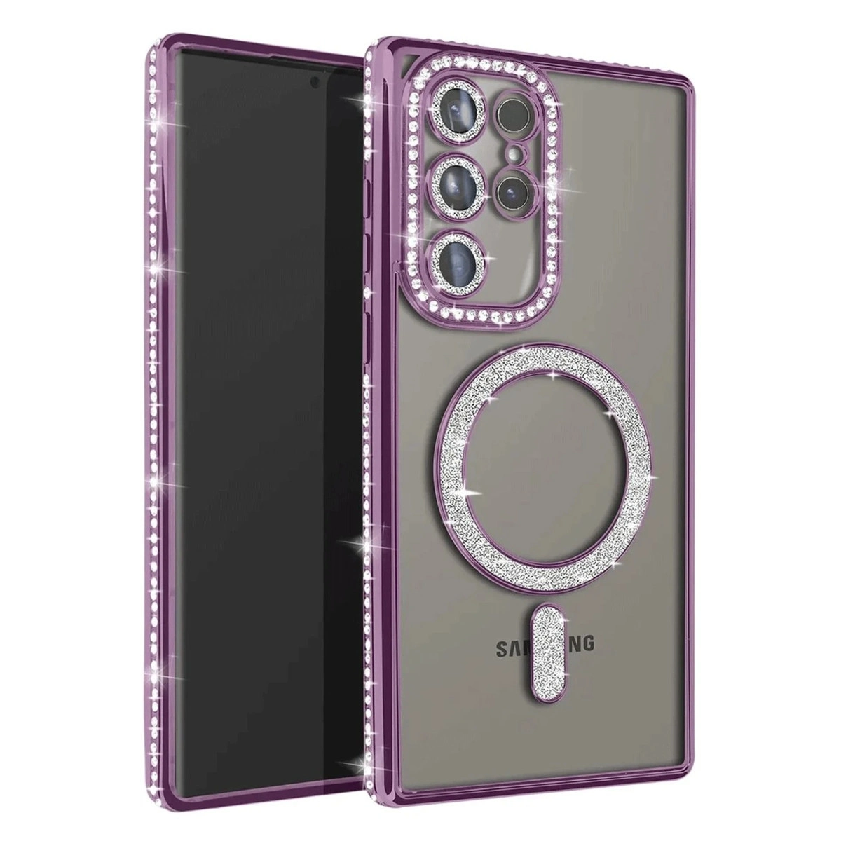 Mor telefon kılıfı, taşlı, kamera korumalı ve halka tutuculu.
