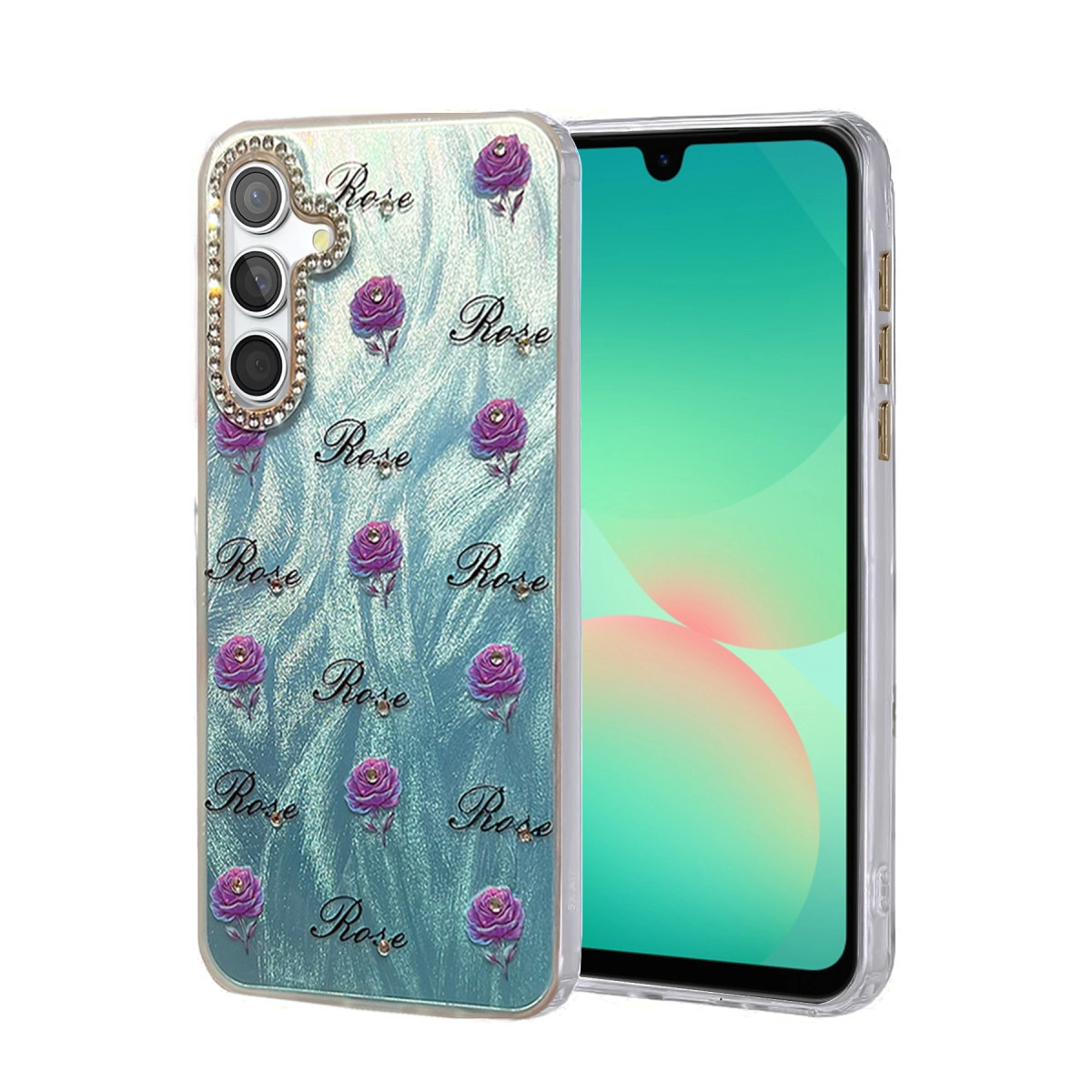 Kamera çevresinde taşlarla süslü, gül desenli mavi kılıflı bir telefon.