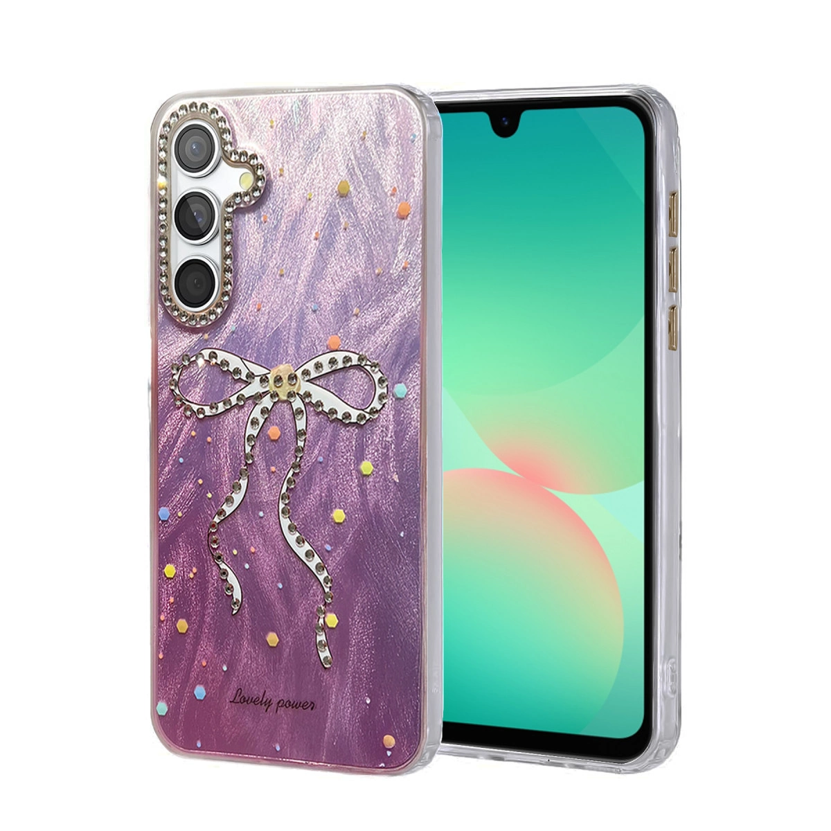 Mor simli, fiyonk ve taşlarla süslü telefon kılıfı. Yanında telefon.