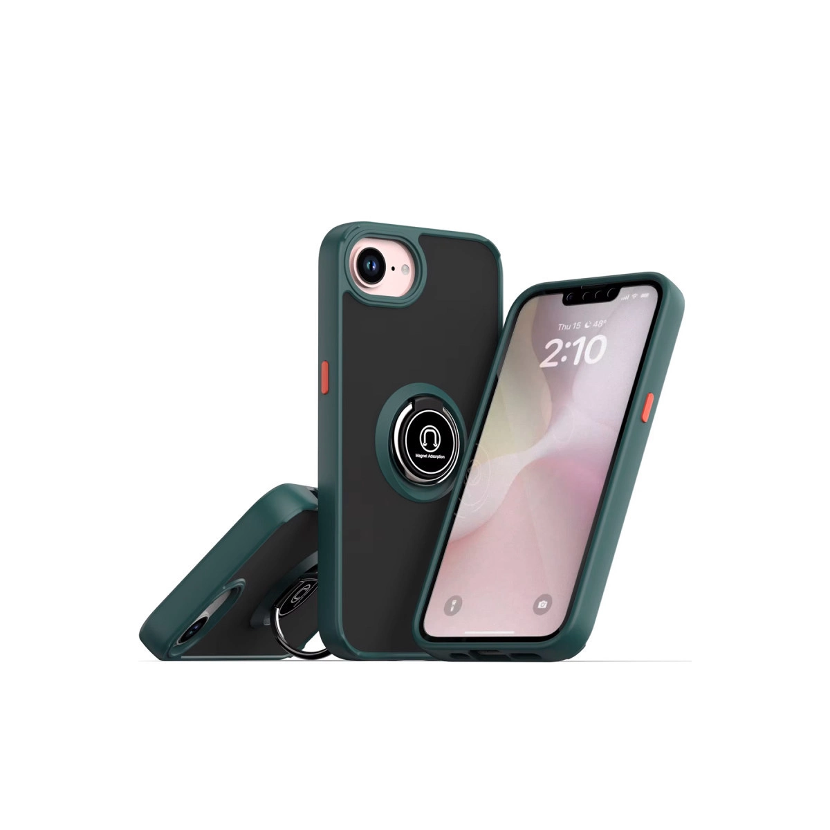 Beyaz arka plan üzerinde halka tutuculu üç koyu yeşil telefon kılıfı.