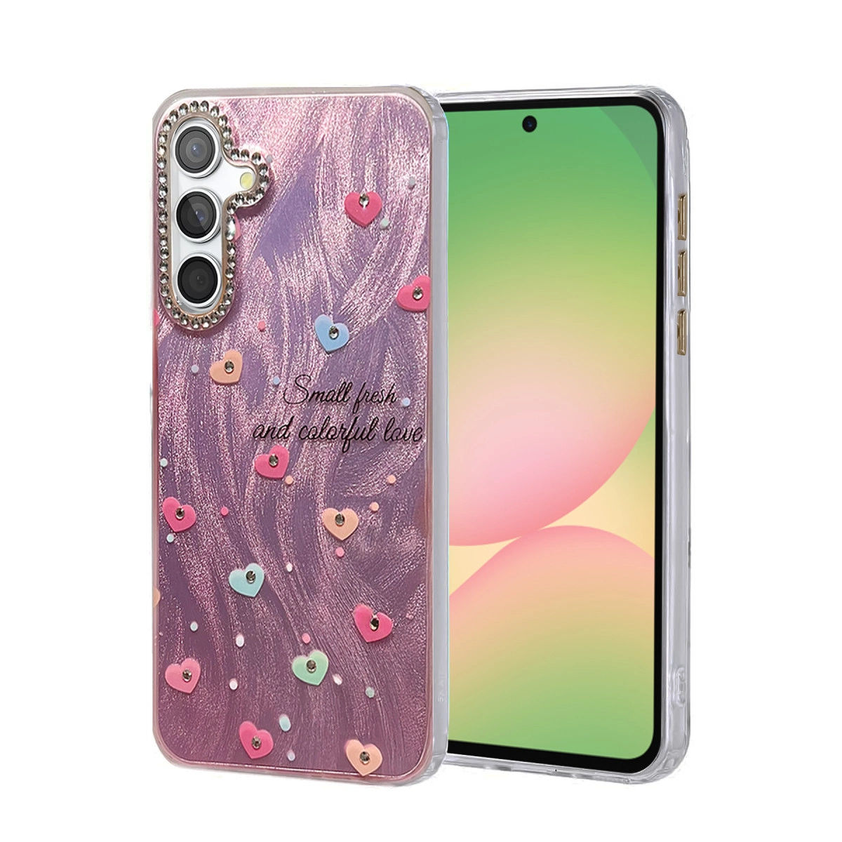 Kalpli ve simli mor telefon kılıfı. Kamera parlak taşlarla süslenmiş.