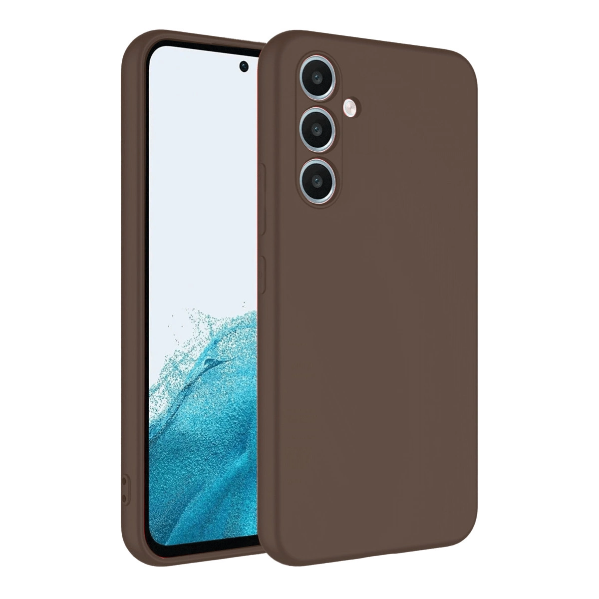 Üç kameralı, beyaz ekranlı kahverengi telefon.