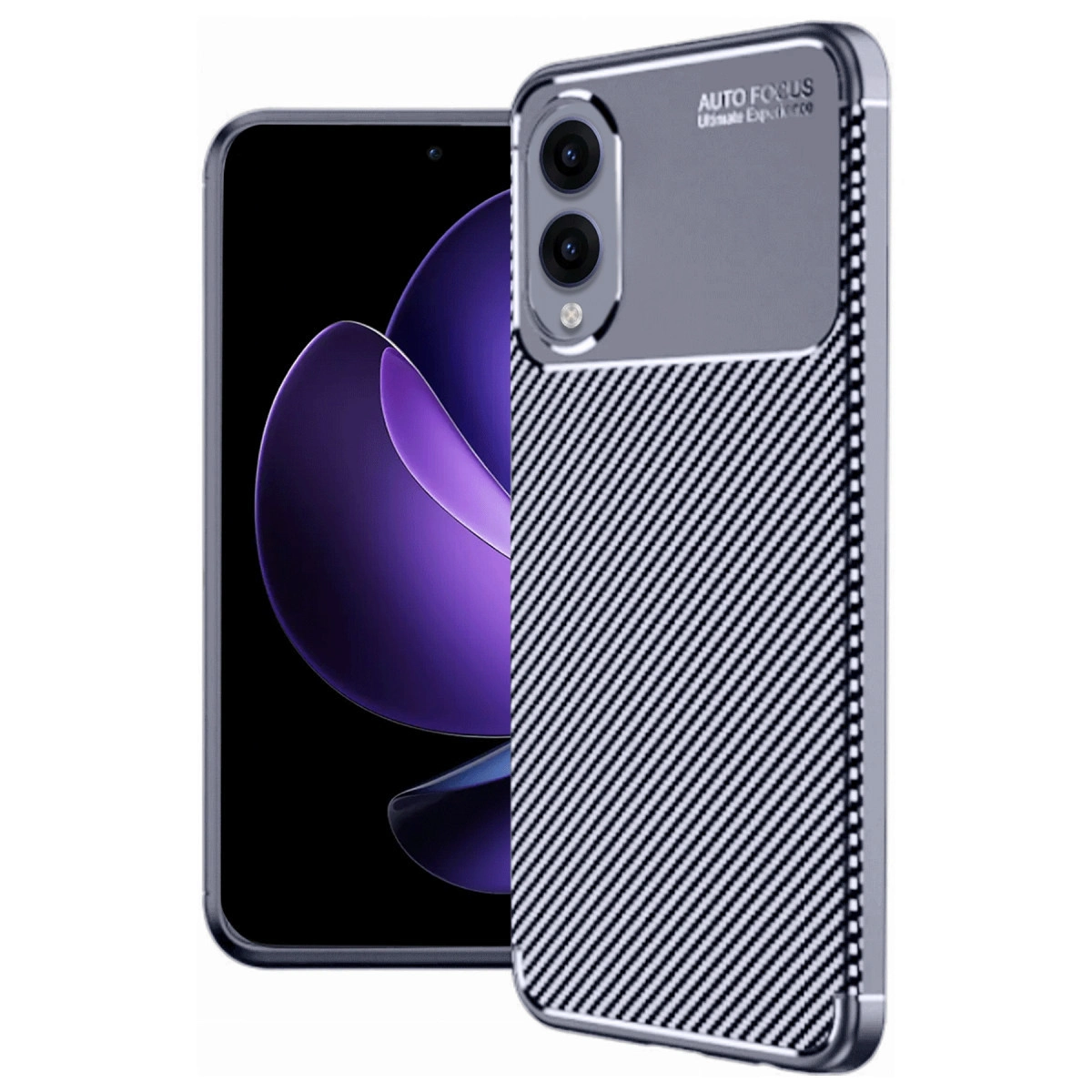 Karbon fiber dokulu ve kamera birimli koruyucu kılıflı bir akıllı telefon.