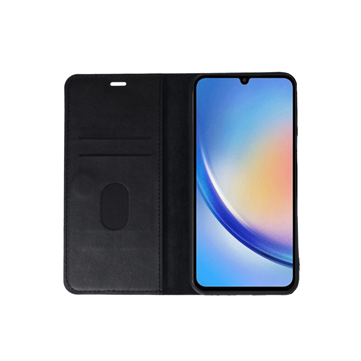 Açık siyah kapaklı telefon kılıfı, telefon ekranı ve kart yuvaları.