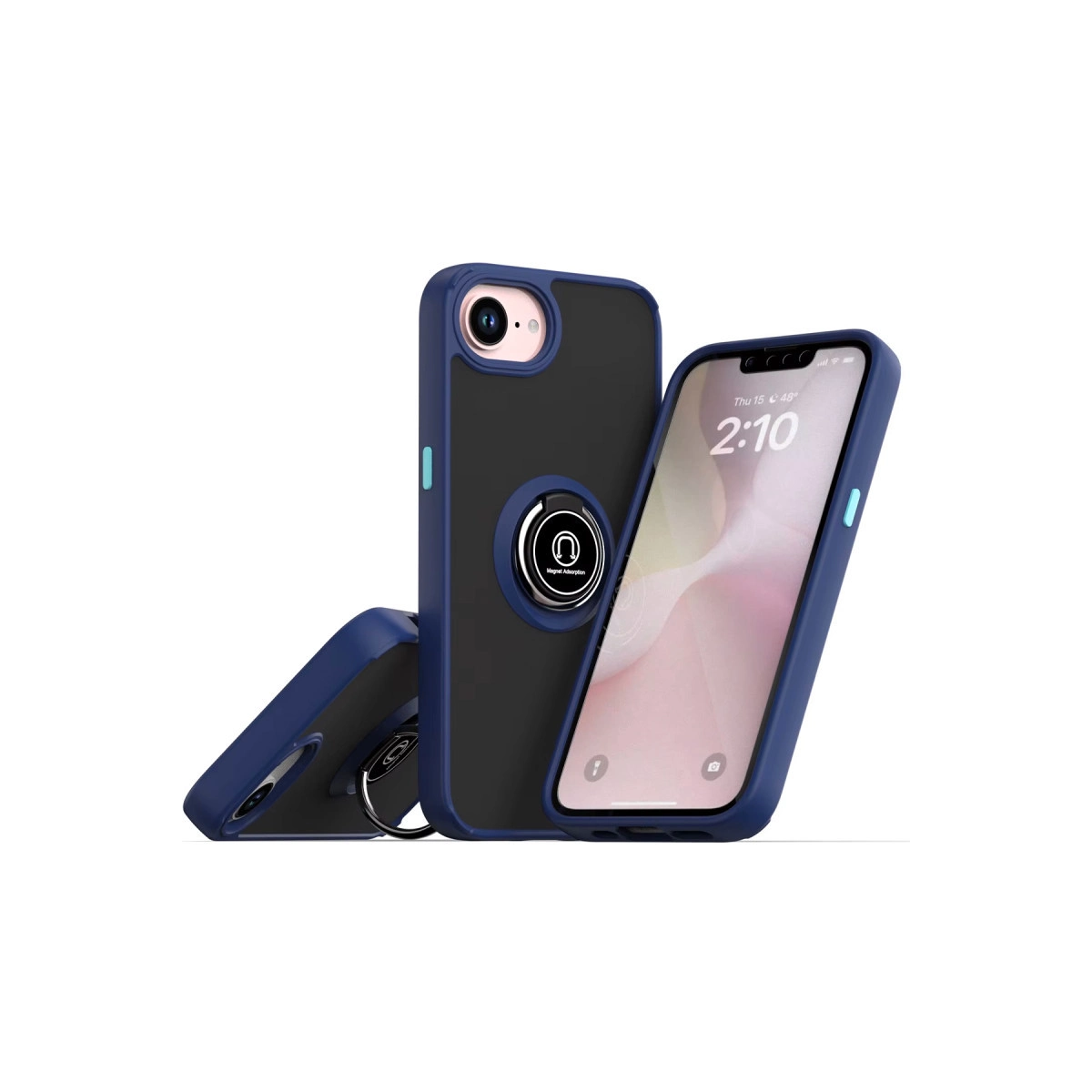 Siyah ek parçalı ve halka tutuculu mavi iPhone kılıfı.