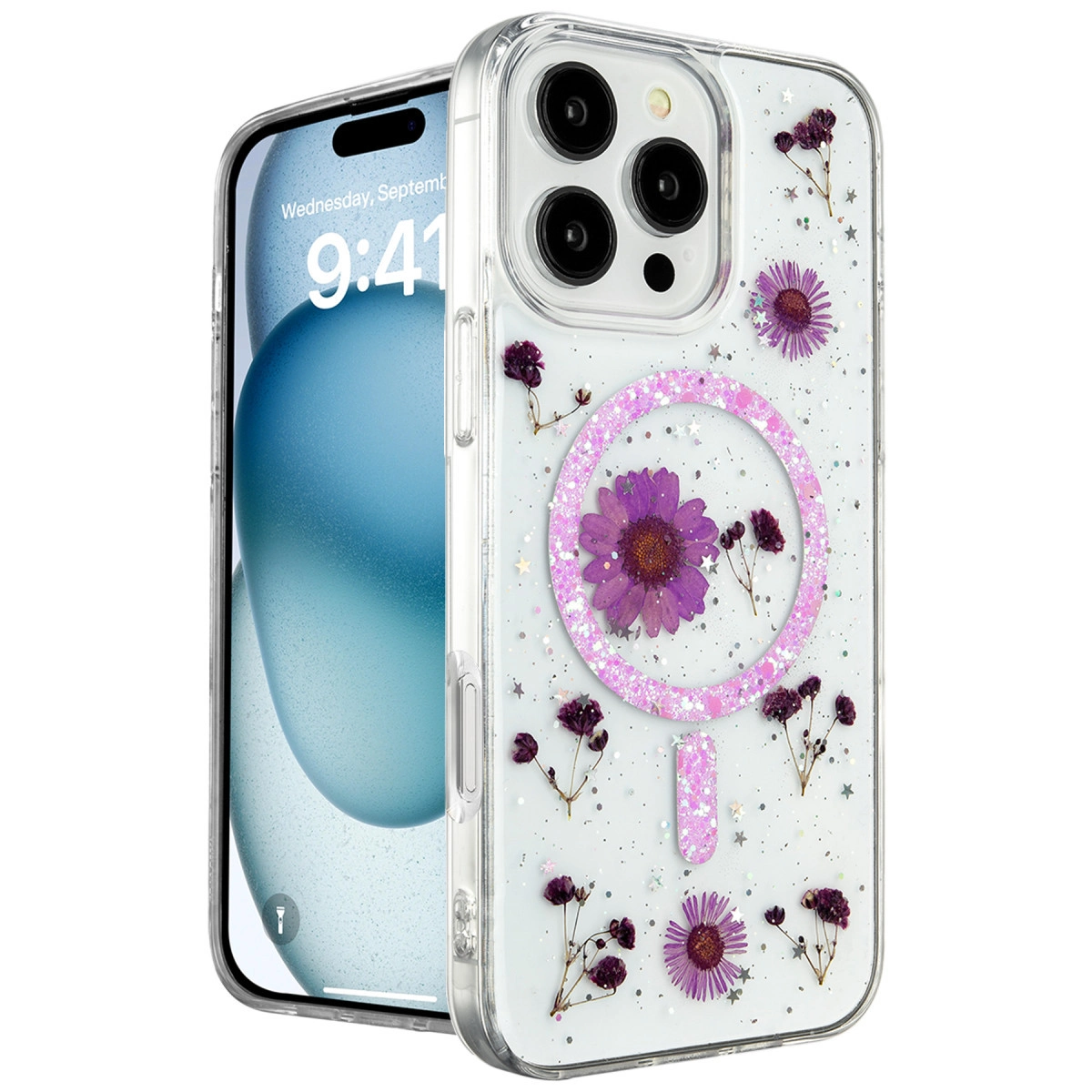 iPhone için mor çiçekli ve simli şeffaf kılıf.