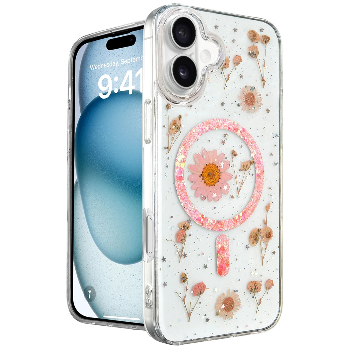 NEWFACE iPhone 16 Uyumlu Daisy Simli Magsafe Telefon Kılıfı Pembe