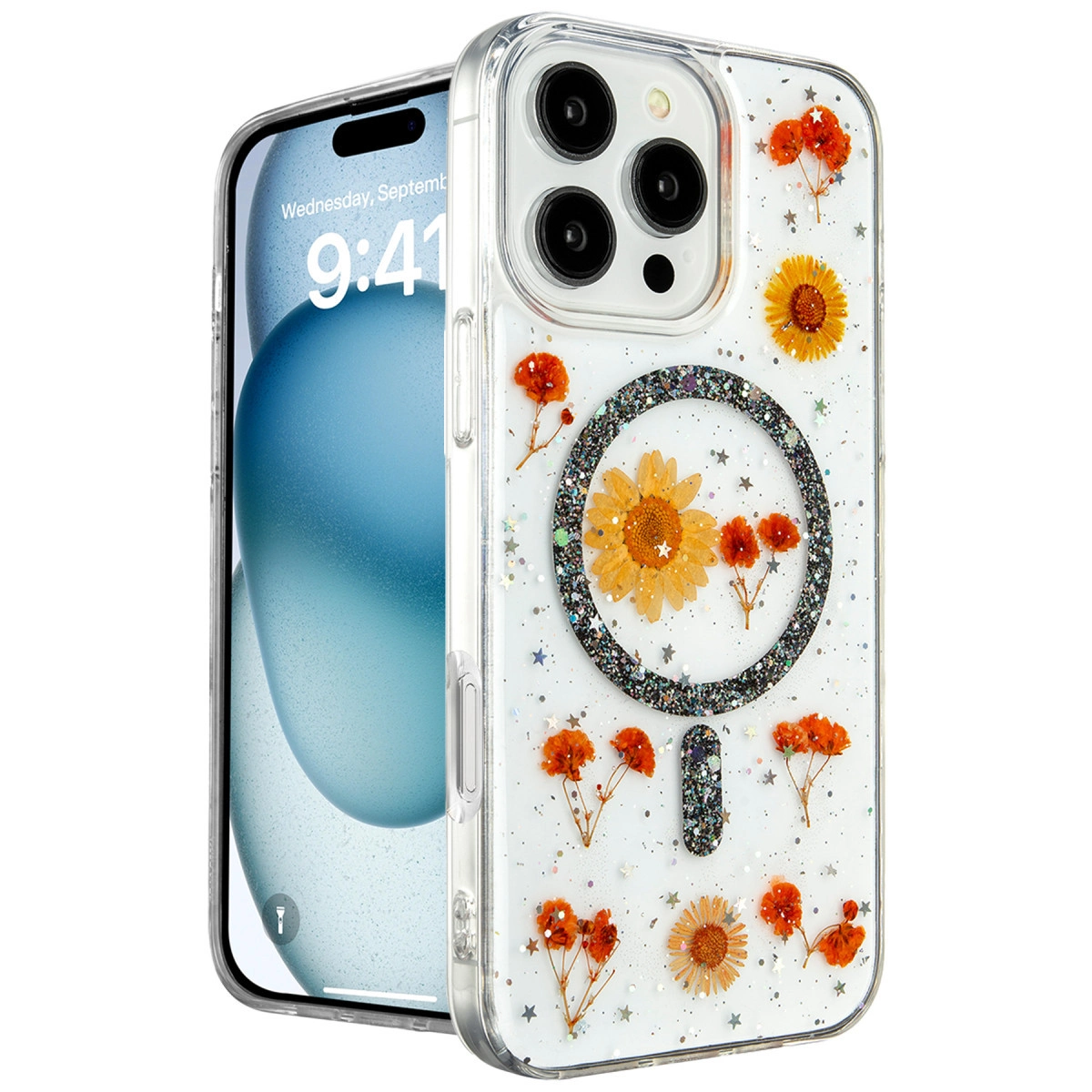 Kurutulmuş çiçekler, yıldızlar ve manyetik halkalı iPhone kılıfı.