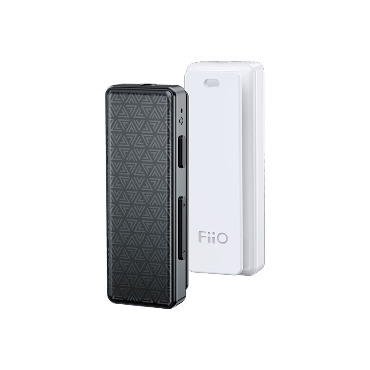 Un dispositivo electrónico negro con un patrón junto a un dispositivo blanco.