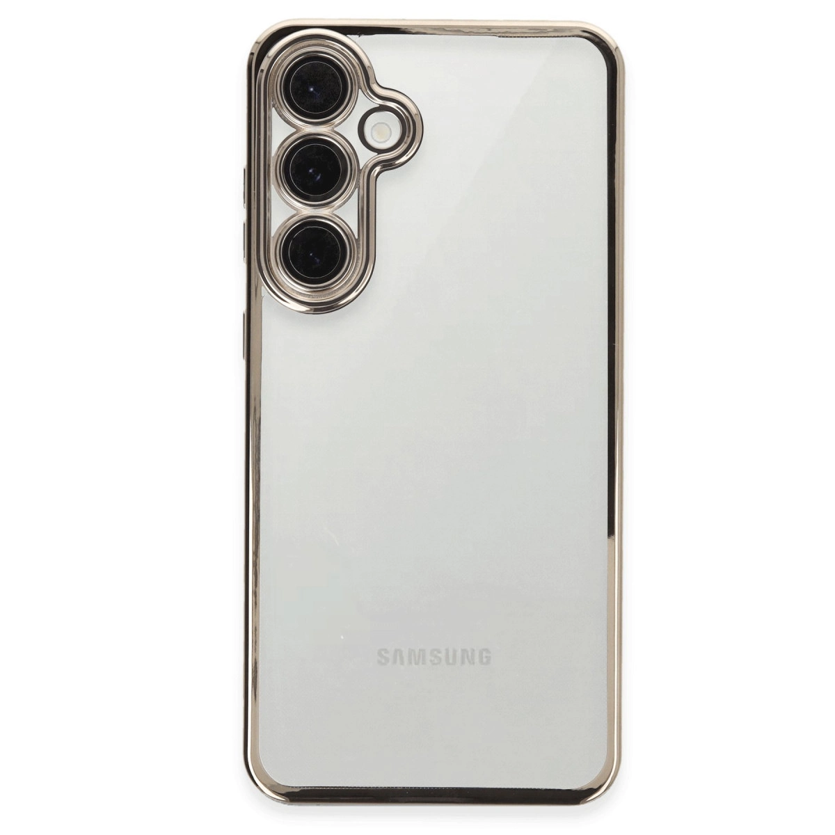 Altın çerçeveli şeffaf telefon kılıfı, üçlü kamera ve Samsung logosunu gösteriyor.