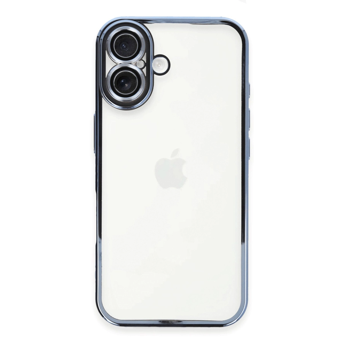 Gümüş çerçeveli şeffaf kılıfta beyaz iPhone'un arkası.