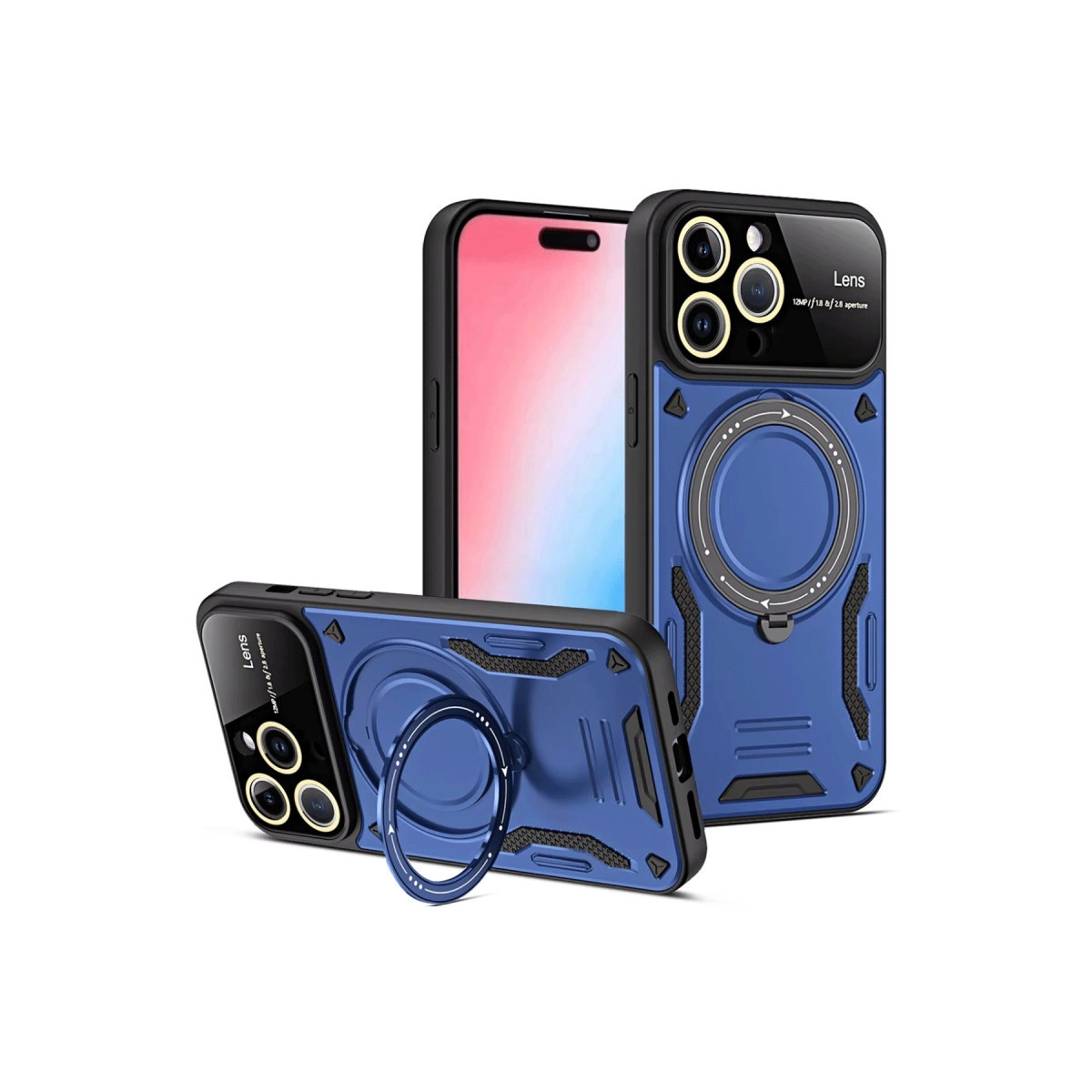Halka tutuculu ve kamera adacıklı iki mavi telefon kılıfı.