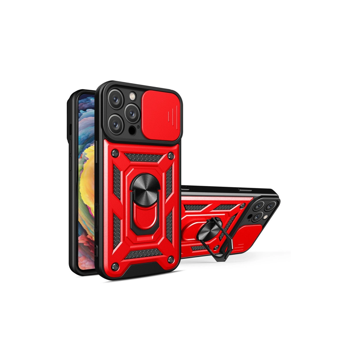 Kamera kapaklı ve halka tutuculu kırmızı telefon kılıfı, telefonda.