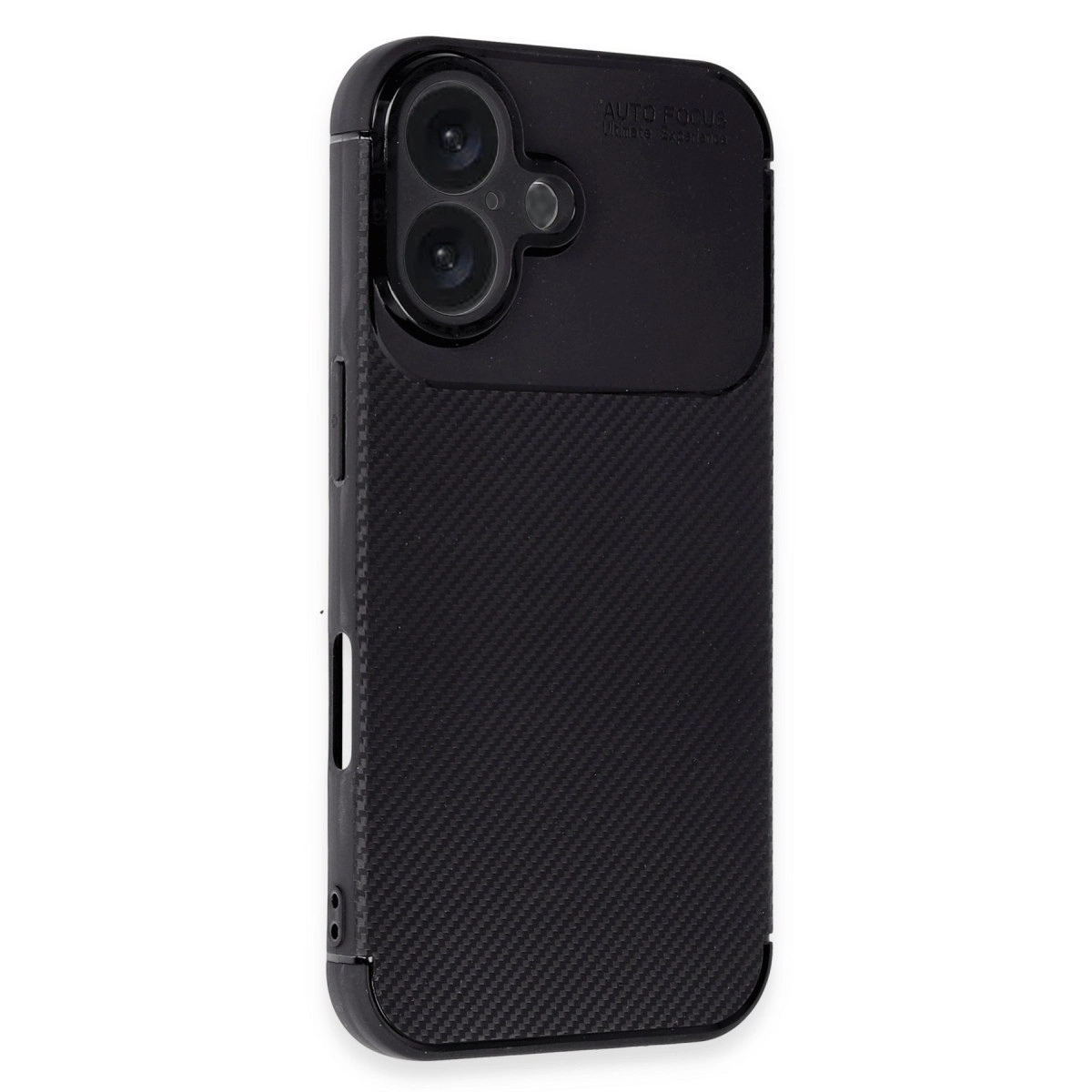 Karbon fiber dokulu siyah telefon kılıfı ve kamera kesiği.