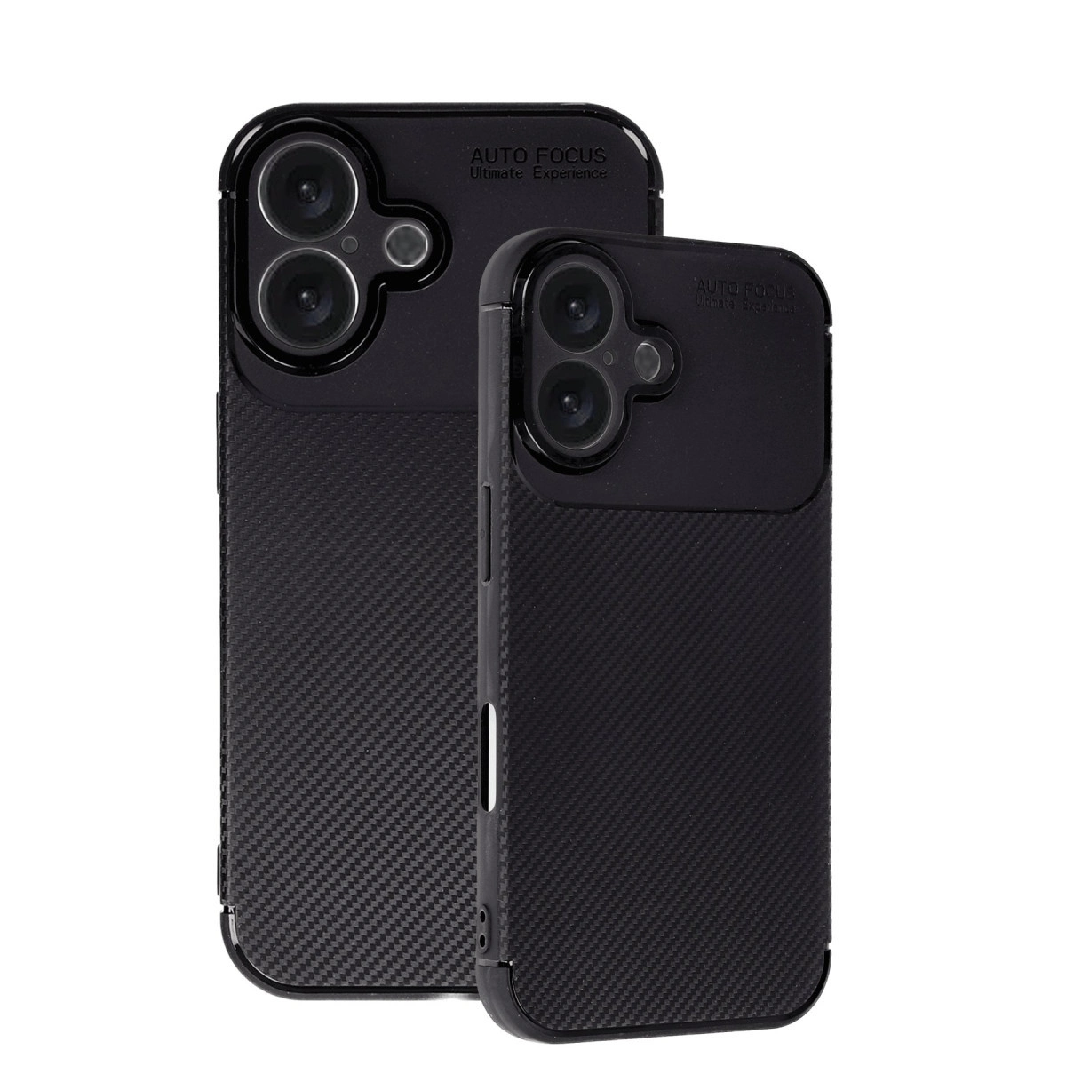 Karbon fiber dokulu ve kamera modüllü iki siyah telefon kılıfı.