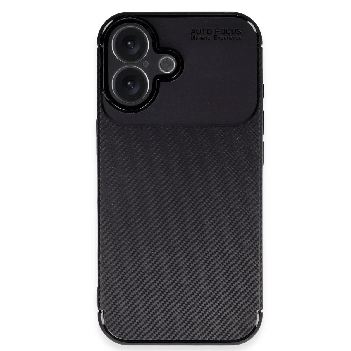 Karbon desenli ve kamera kesimli siyah telefon kılıfı.