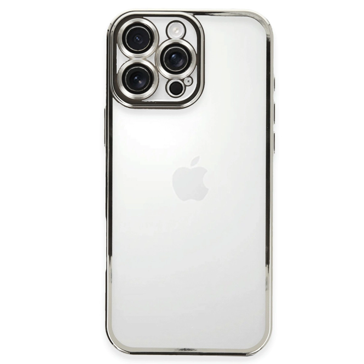 Gümüş çerçeveli, üç kameralı beyaz iPhone.