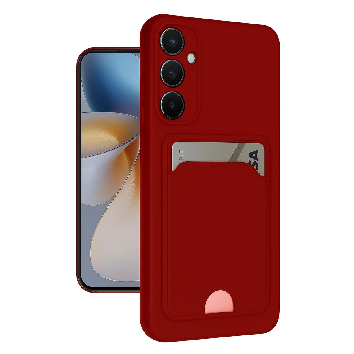 Kredi kartlı ve kart yuvalı kırmızı telefon kılıfı, akıllı telefon yanında.