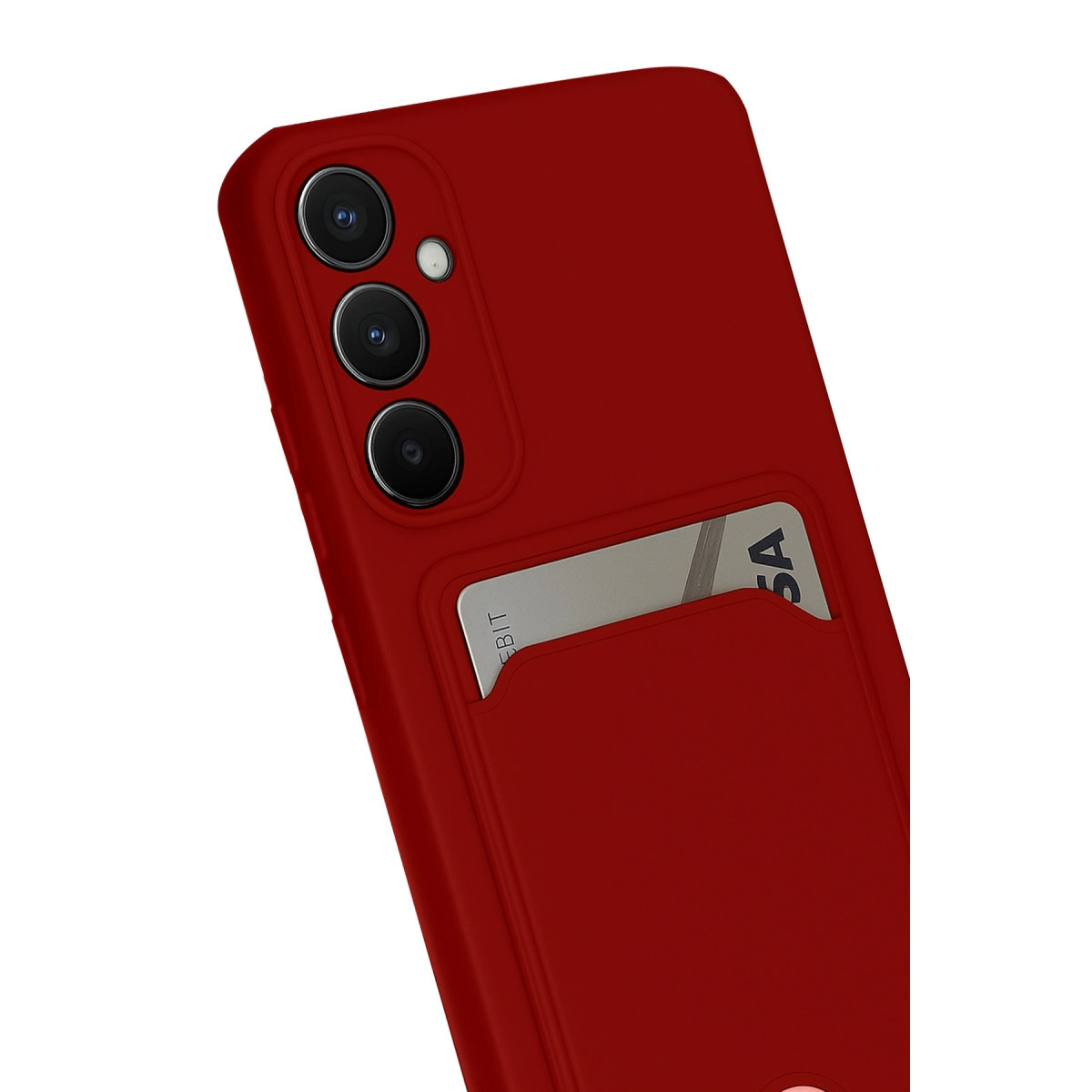 Üç kameralı kırmızı telefon kılıfı ve kart yuvası.