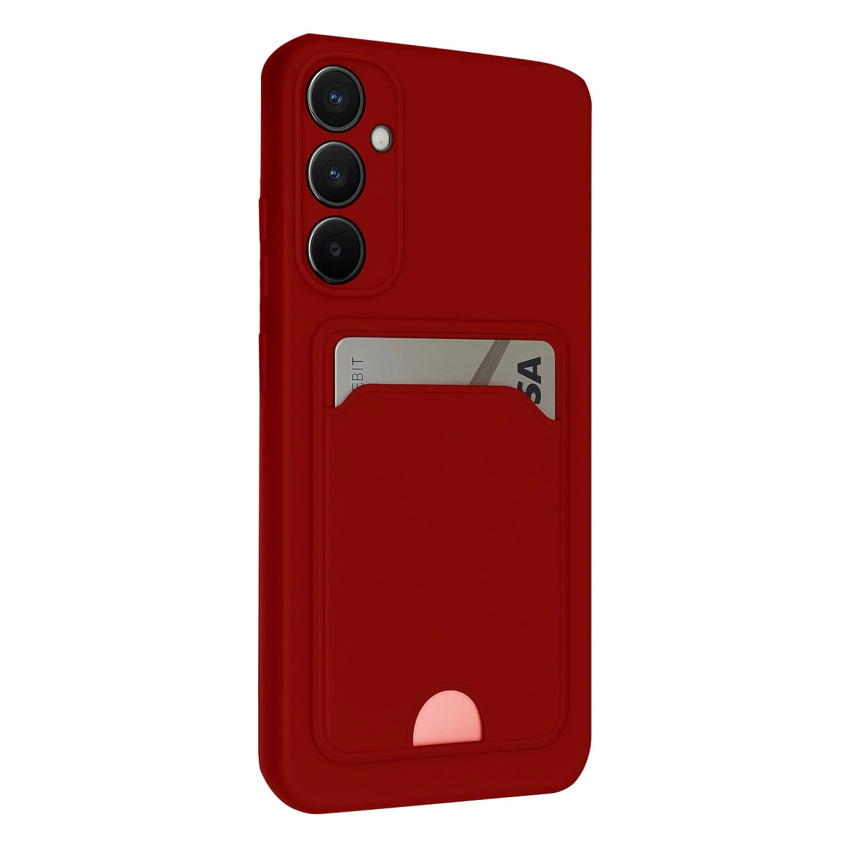 Kart yuvalı ve üç kamera lensli kırmızı telefon kılıfı.