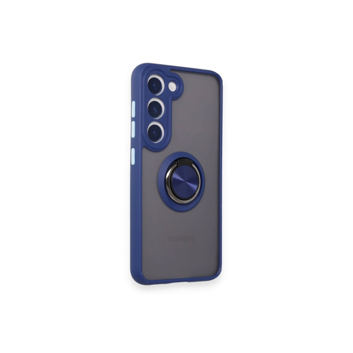 Halkalı tutuculu ve üç kamera lensli lacivert telefon kılıfı.