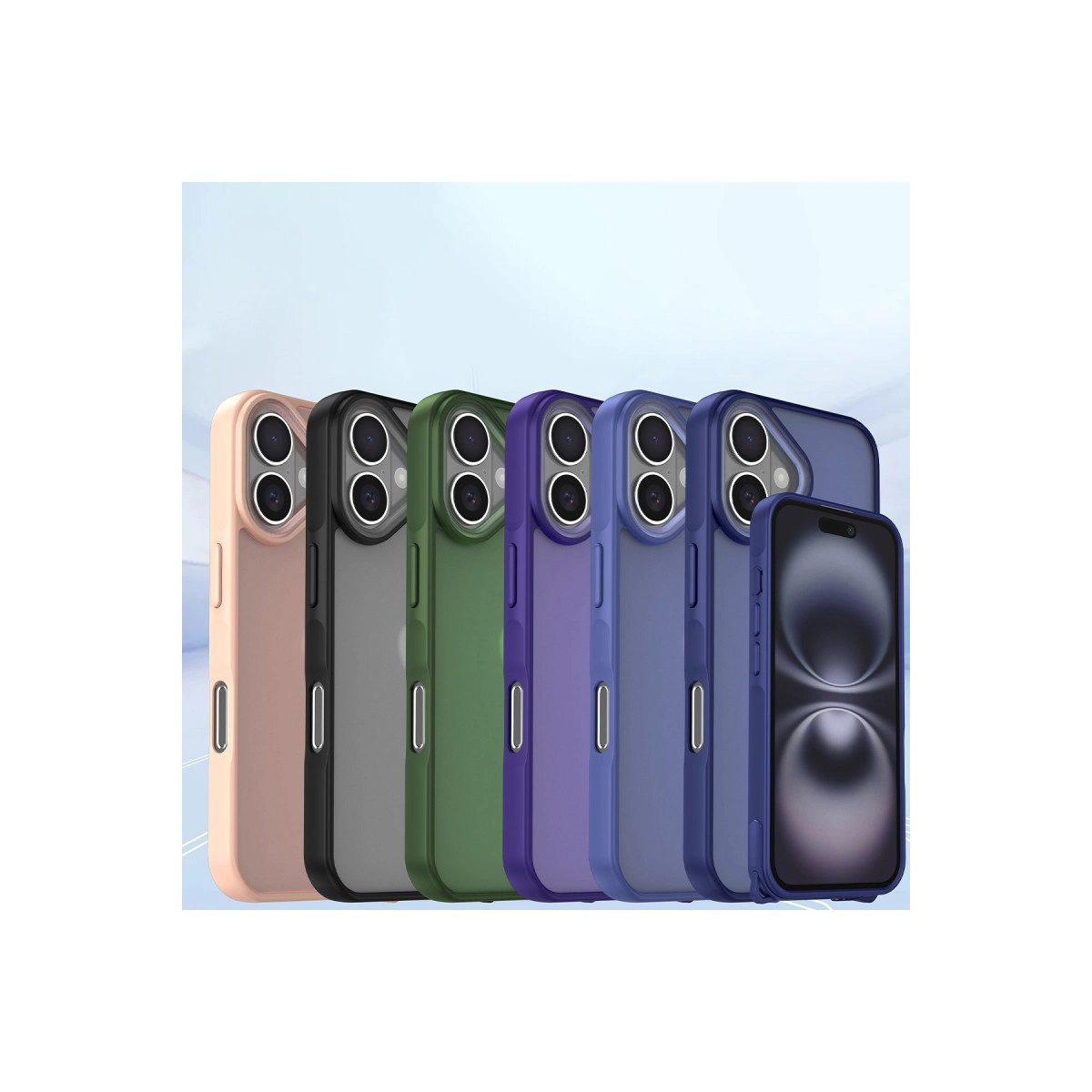Altı renkli telefon kılıfı ve bir telefon yan yana.