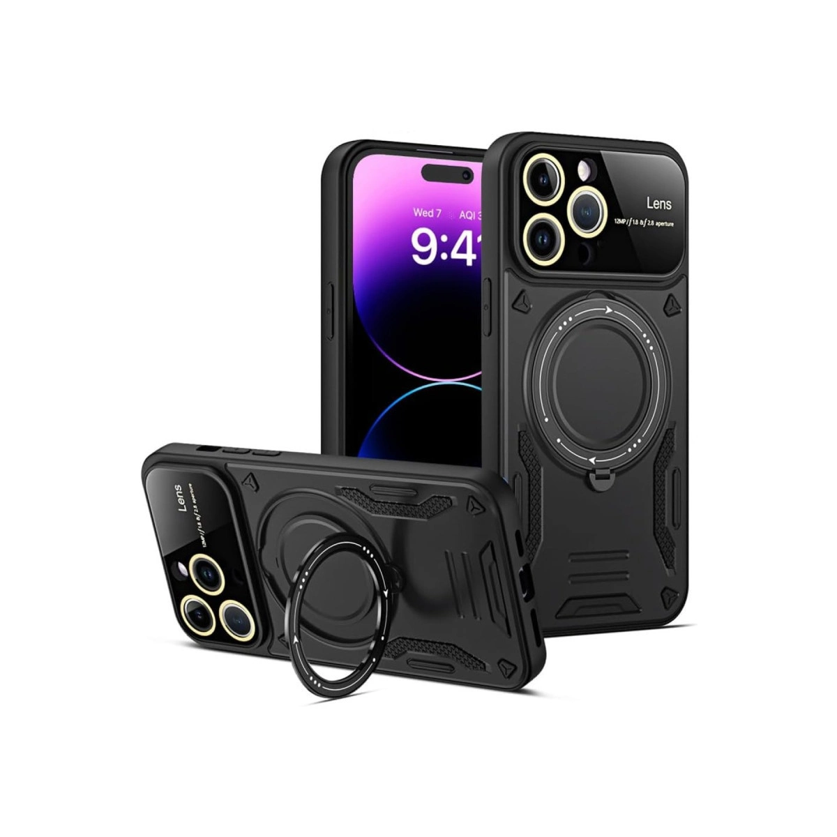 Halka stantlı iki siyah telefon kılıfı, biri telefon ekranını gösteriyor.