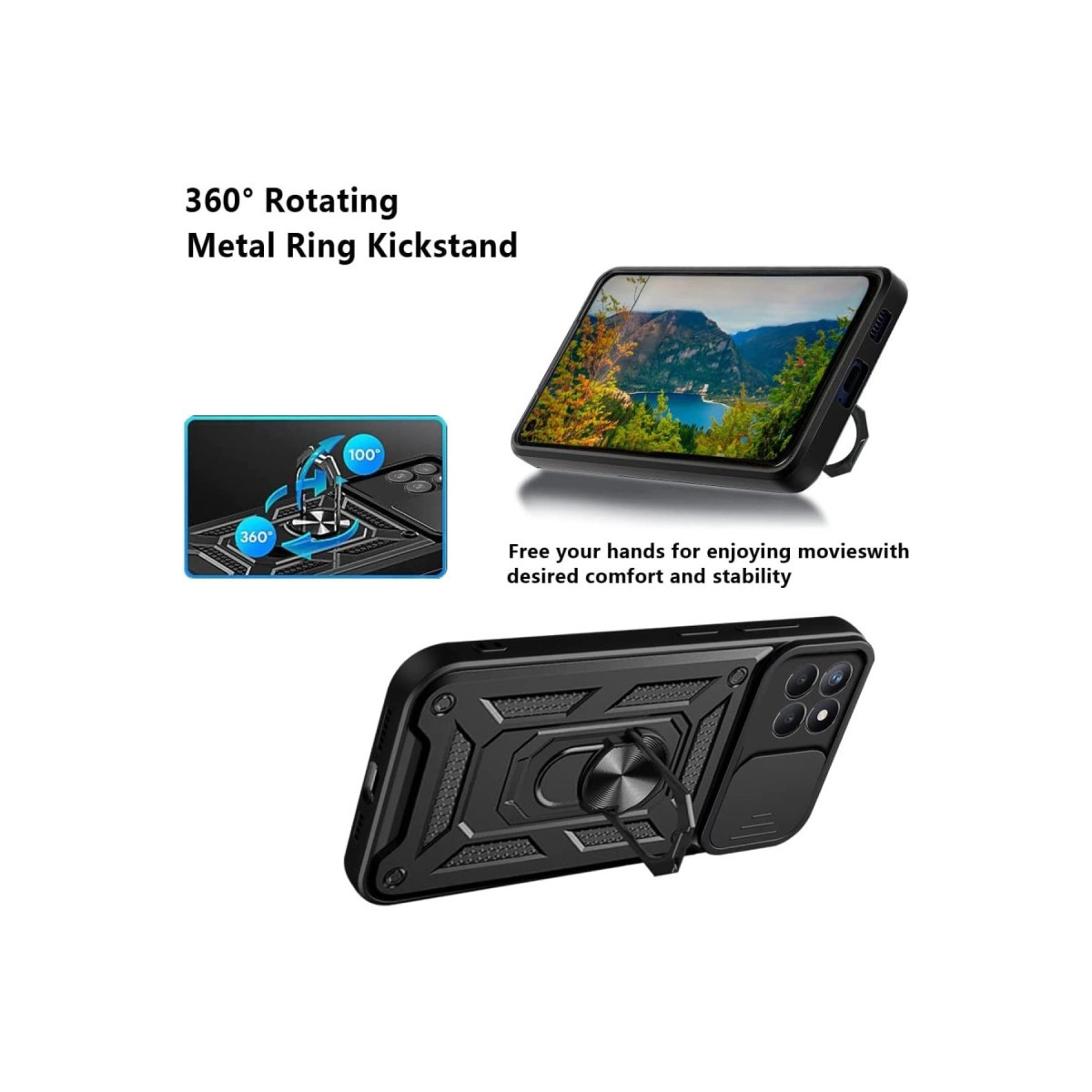 360 derece dönebilen metal halkalı siyah telefon kılıfı.