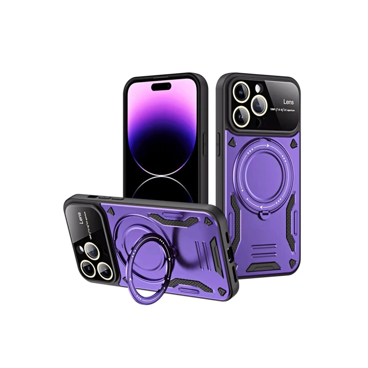 Halka tutuculu ve kamera kesimli mor telefon kılıfı.