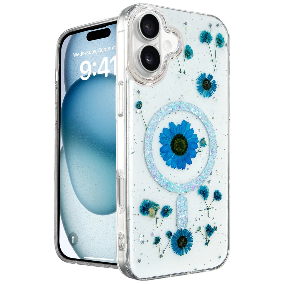 Mavi kuru çiçekler ve simlerle süslenmiş şeffaf telefon kılıfı.