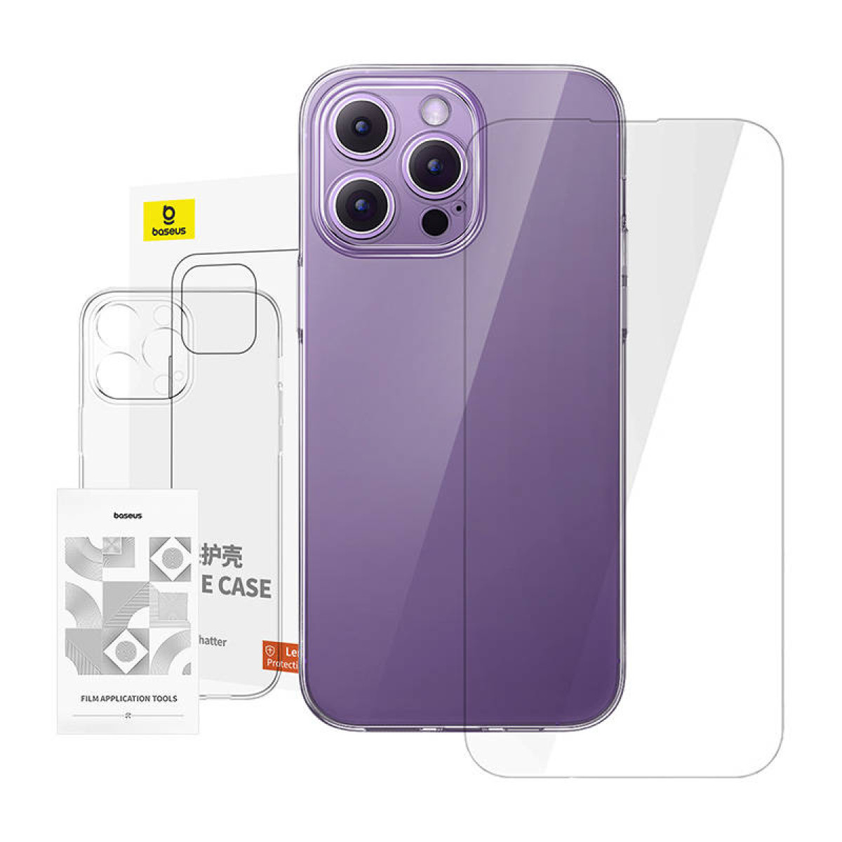 Custodia viola per iPhone con protezione fotocamera e schermo.