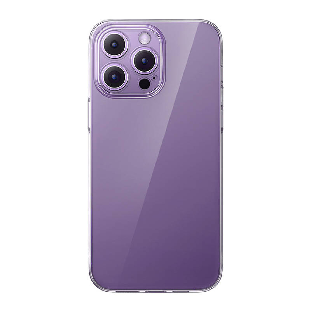 Custodia viola per iPhone dal design trasparente con tre obiettivi.