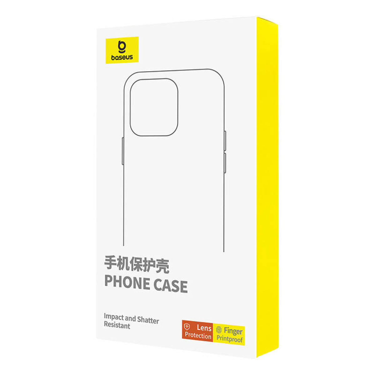 Confezione bianca per cover telefono con striscia gialla, logo Baseus e disegno stilizzato.
