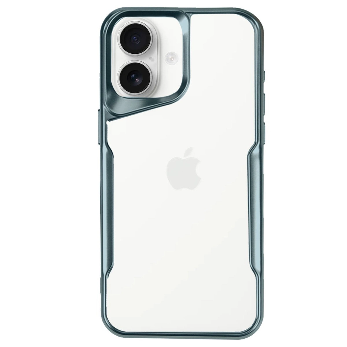 Arkada iki kamera bulunan, teal çerçeveli şeffaf telefon kılıfı.