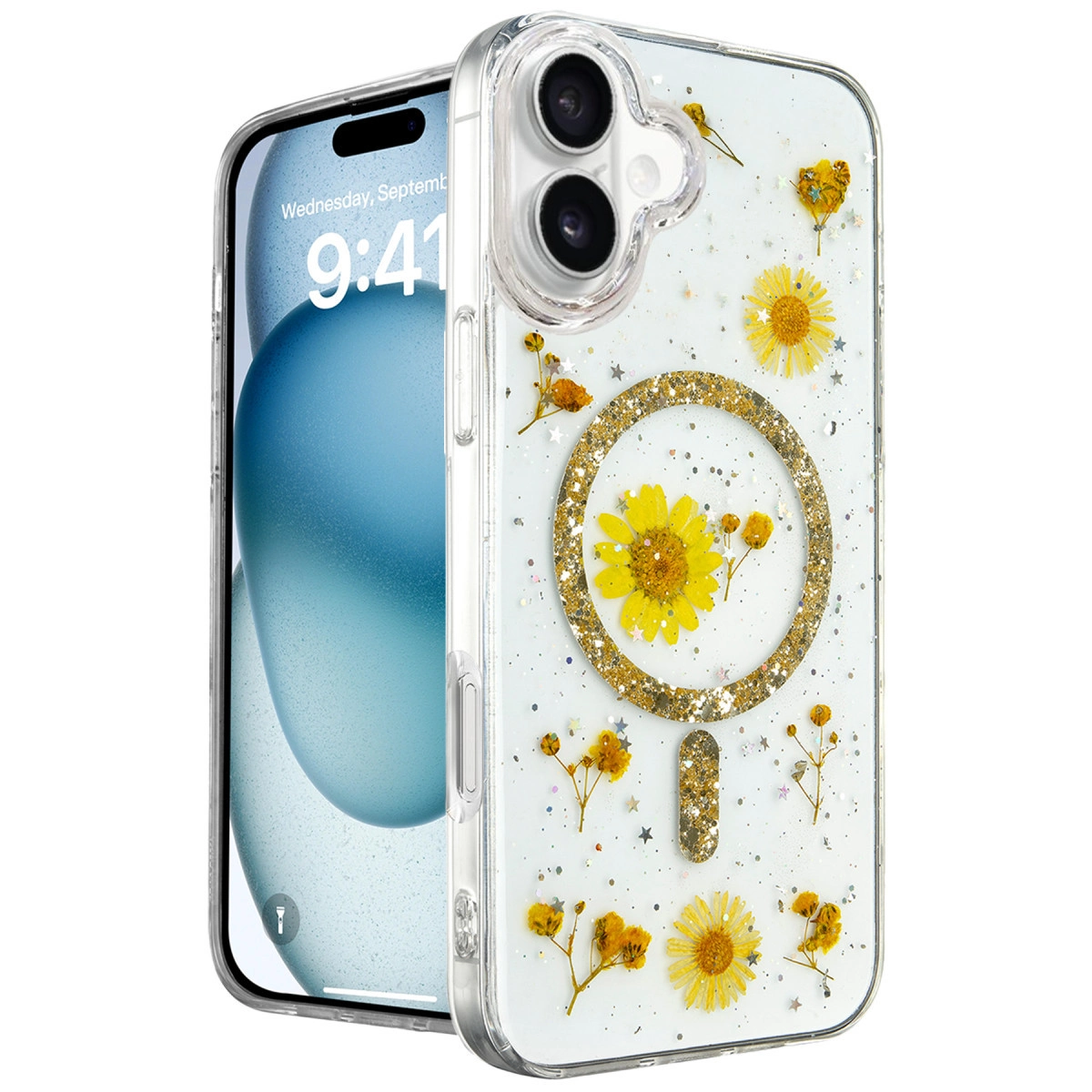 Kurutulmuş sarı çiçekler ve sim detaylı şeffaf telefon kılıfı.