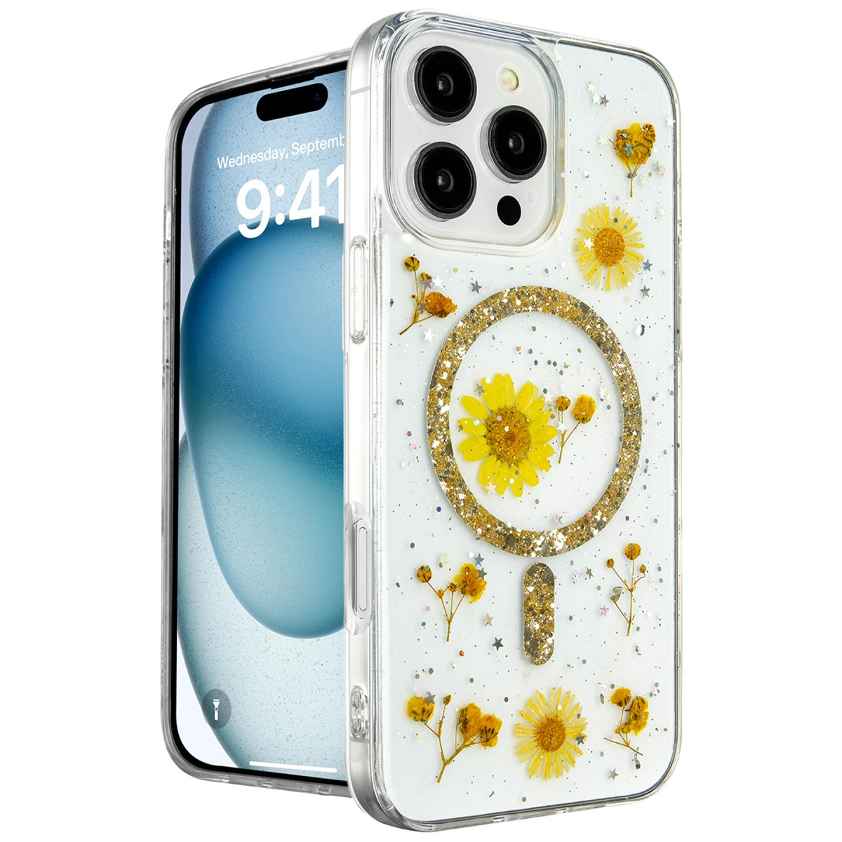 NEWFACE iPhone 16 Pro Max Uyumlu Daisy Simli Magsafe Telefon Kılıfı Gold
