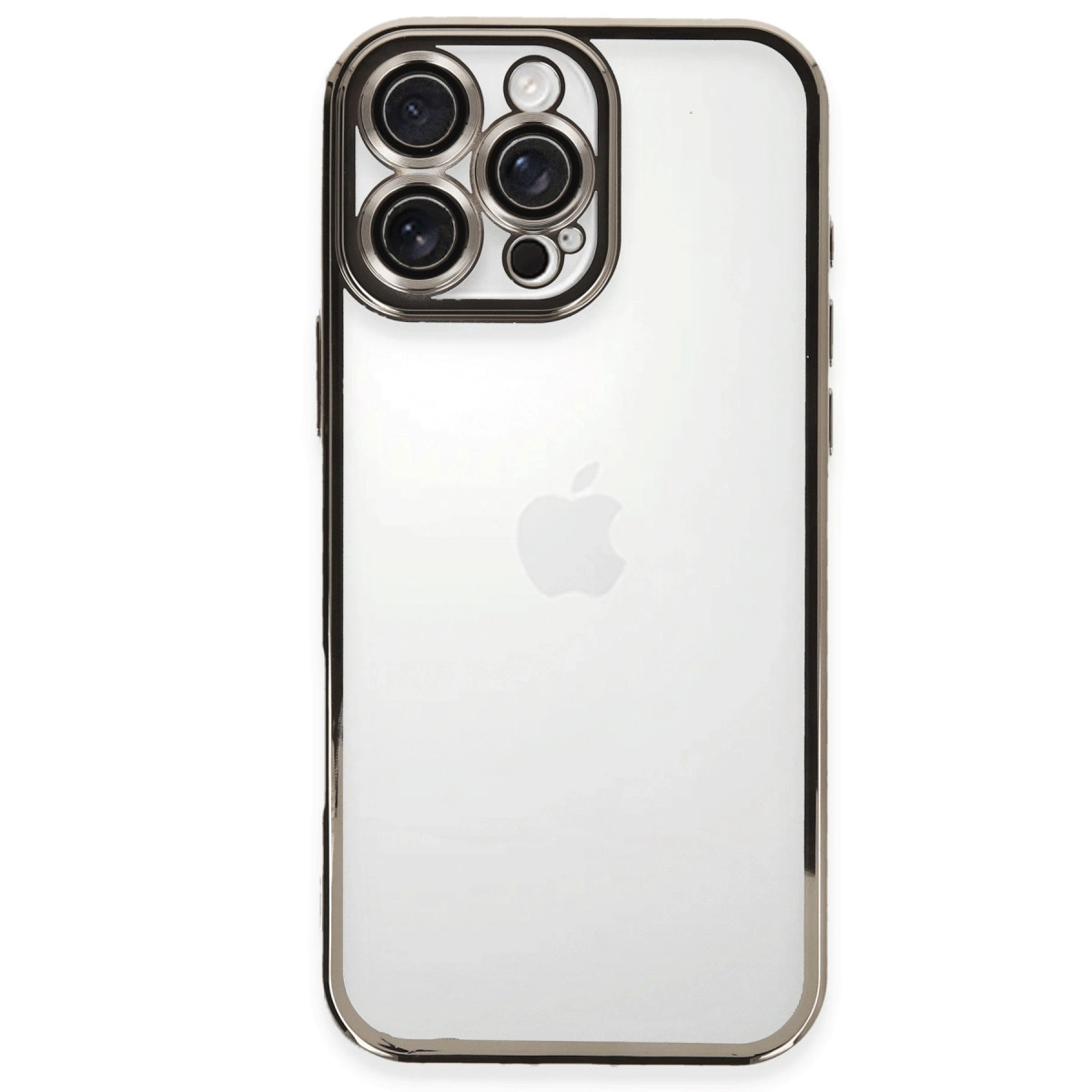 Gümüş çerçeveli, üçlü kameraya sahip beyaz iPhone'un arkası.