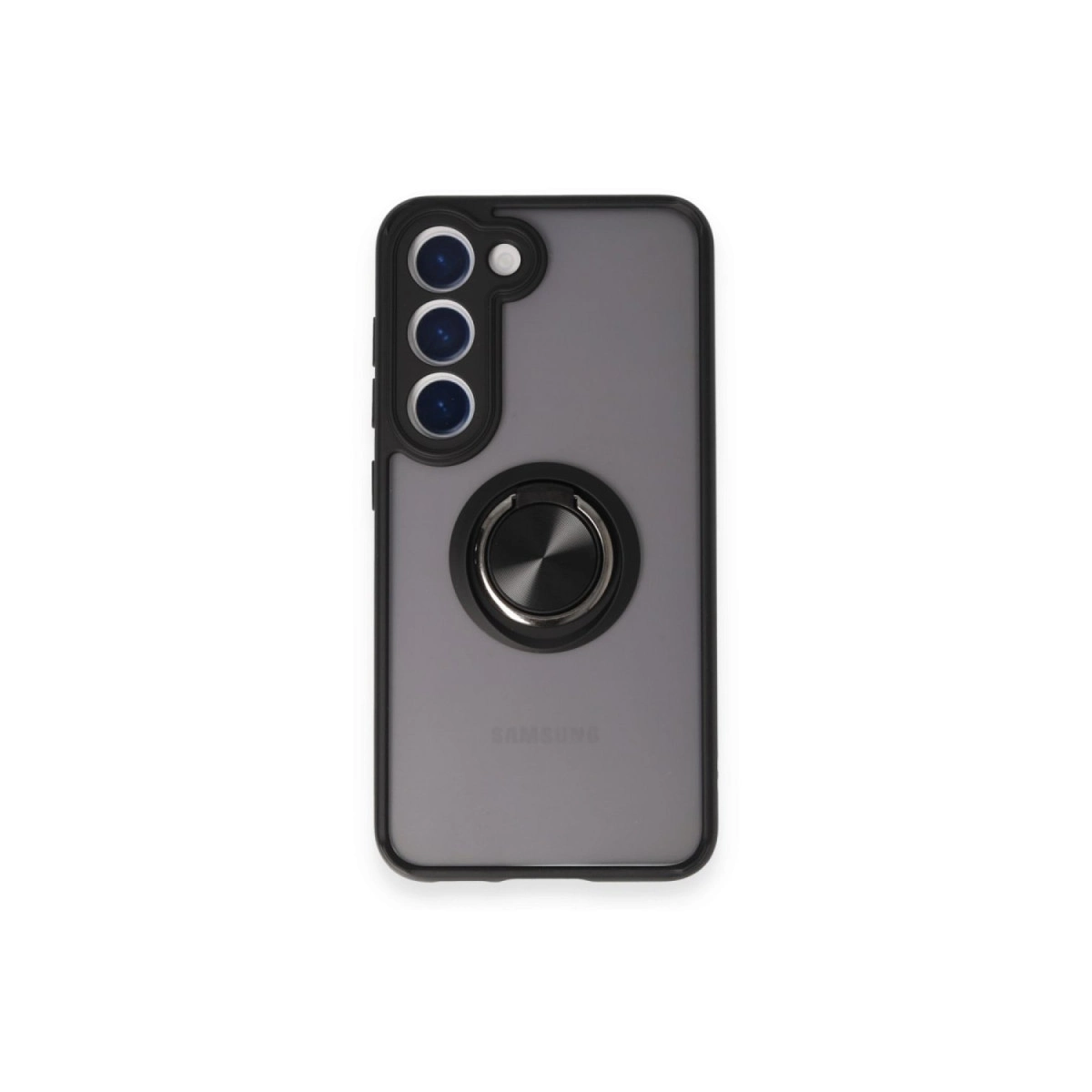 Beyaz arka planda üç kameralı gri telefon ve gümüş halka tutucu.